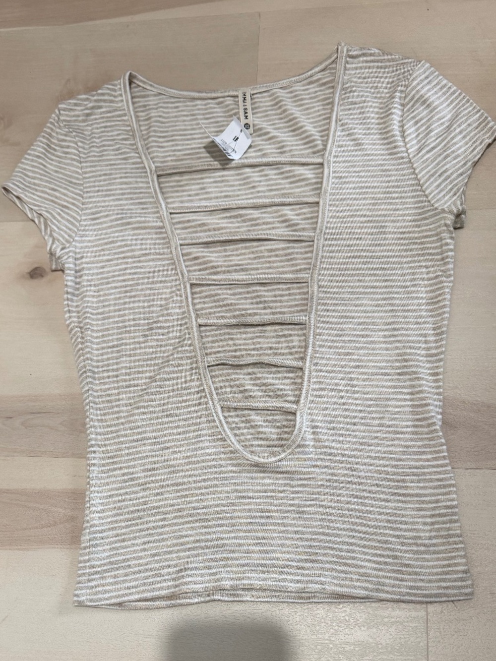 Emma & Sam Deep V-Neck Beige and White Striped NWT XS T-shirt